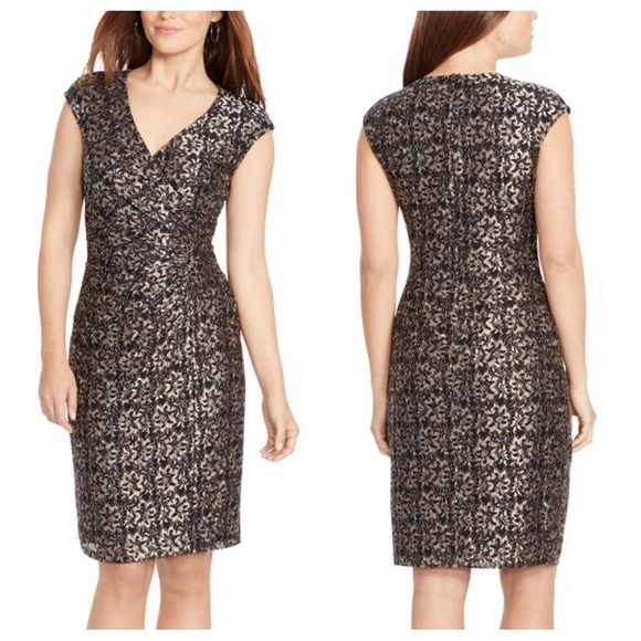 NWT American Living Metallic Black & Champagne Floral Lace V-Neck Sheath Dress - Picture 1 of 10